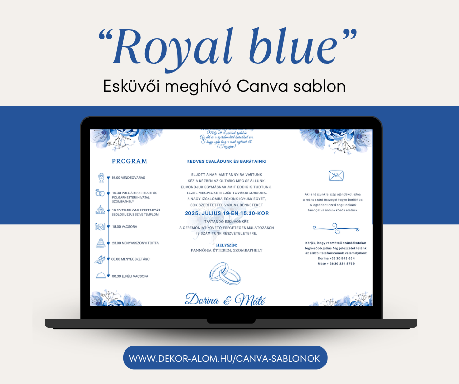 "Royal Blue" esküvői meghívó canva sablon