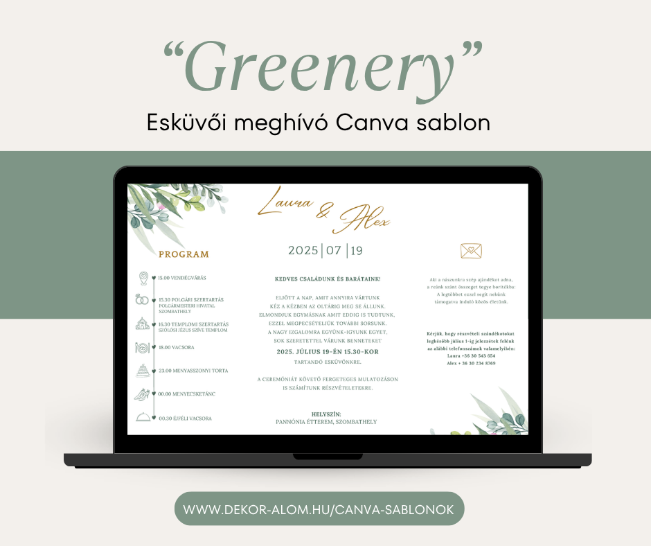"Greenery" esküvői meghívó Canva sablon